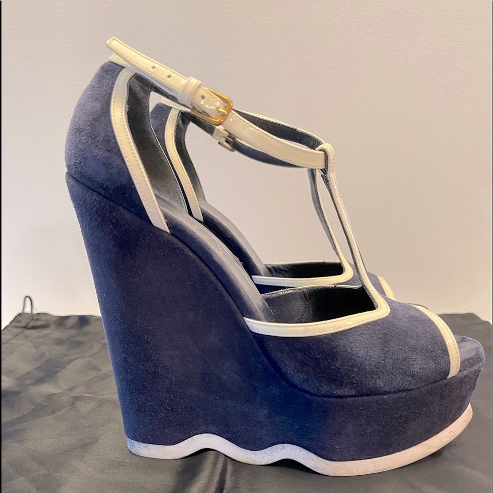Yves Saint Laurent blue suede platform wedge 38. - Picture 1 of 10